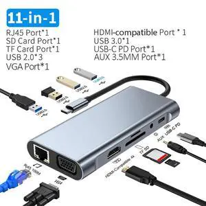 11-in-1 USB C Hub Video Output VGA Dual Video Output 4xUSB Ports Hub USB C Docking Station USB Splitter For PC Laptop Type-C Laptop 11-in-1 USB C Hub Video Output VGA Dual Video Output 4xUSB Ports Hub USB C Docking Station USB Splitter For PC Laptop Type-C Laptop