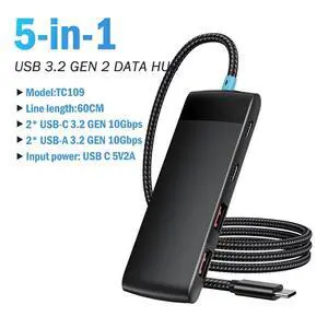 USB HUB 3.2 GEN USB-A/USB-C 10Gbps 5 IN 1 adapter splitter for PC laptop gaming High-speed data transmission docking station Braided input cable USB HUB 3.2 GEN USB-A/USB-C 10Gbps 5 IN 1 adapter splitter for PC laptop gaming High-speed data transmission docking station Braided input cable