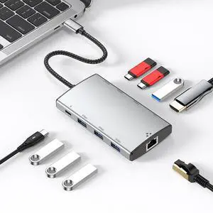 9-in-1 Multiport USB C Hub with RJ45 1Gbps Ethernet Adapter 4K@60Hz 10Gbps 3x USB3.2 Ports and 100W PD USBC Dock for Laptops Type-C Laptop with Type-C Port 9-in-1 Multiport USB C Hub with RJ45 1Gbps Ethernet Adapter 4K@60Hz 10Gbps 3x USB3.2 Ports and 100W PD USBC Dock for Laptops Type-C Laptop with Type-C Port