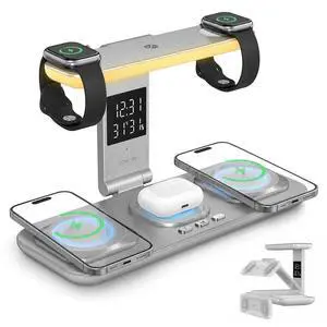 5 in 1 Foldable Wireless Charger Touch Night Light Clock Temp Humidity for Type-C Phone Watch AirPods Travel Charging Station 5 in 1 Foldable Wireless Charger Touch Night Light Clock Temp Humidity for Type-C Phone Watch AirPods Travel Charging Station