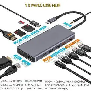 13 in 1 Laptop USB C Docking Station 10Gbps USB C Hub with USB 3.2 Hub 4K Video Output VGA 100W PD Charging RJ45 for Type-C Laptop 13 in 1 Laptop USB C Docking Station 10Gbps USB C Hub with USB 3.2 Hub 4K Video Output VGA 100W PD Charging RJ45 for Type-C Laptop