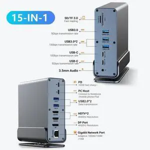 15 in 1 USB C Docking Station 4K HD Vertical Hub with Triple Monitor RJ45 1000M,USB 3.0/2.0,PD,SD/TF,Audio 3.5 for Laptop PC 15 in 1 USB C Docking Station 4K HD Vertical Hub with Triple Monitor RJ45 1000M,USB 3.0/2.0,PD,SD/TF,Audio 3.5 for Laptop PC
