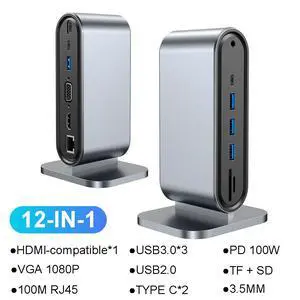12-in-1 USB C Docking Station TYPE C to Video Output Adapter 4K HD PD 100W VGA RJ45 3.5mm SD TF USB 3.0 Splitter for Laptop Type-C Laptop 12-in-1 USB C Docking Station TYPE C to Video Output Adapter 4K HD PD 100W VGA RJ45 3.5mm SD TF USB 3.0 Splitter for Laptop Type-C Laptop
