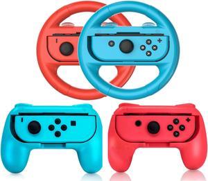 2 PCS Grips for Joy Con and 2 PCS Steering Wheel Compatible for Nintendo Switch Wheel Family Sports Party Pack Accessories Compatible with Switch  Switch OLED JoyCon Controllers Blue and Red