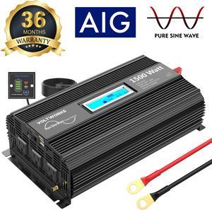 VOLTWORKS 1500W Pure Sine Wave Power Inverter DC 12v to AC 110v-120v with 2x2.4A Dual USB Ports 3 AC Outlets and Remote Control LCD Display for Home RV Truck[3 Years Warranty]
