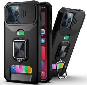 Rugged Shockproof Heavy Duty Phone Case Slide Lens Protector Card Slot Armor Ring Stand(Black, iPhone 11)