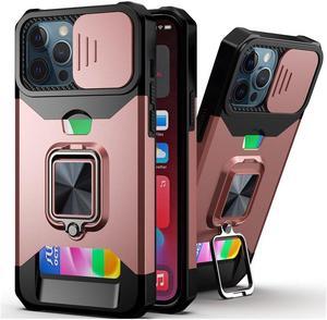 Rugged Shockproof Heavy Duty Phone Case Slide Lens Protector Card Slot Armor Ring Stand(Rose Gold, iPhone 12 Pro Max)