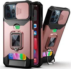 Rugged Shockproof Heavy Duty Phone Case Slide Lens Protector Card Slot Armor Ring Stand(Rose Gold, iPhone 12 mini)