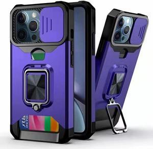 Rugged Shockproof Heavy Duty Phone Case Slide Lens Protector Card Slot Armor Ring Stand(Purple, iPhone 12 Pro Max)