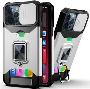 Rugged Shockproof Heavy Duty Phone Case Slide Lens Protector Card Slot Armor Ring Stan(Silver, iPhone 13 mini)