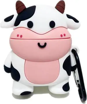 GazeKu Soft 3D Black White Stand-up Cow Air Pods Case Cover with Clasp Compatible with Air Pods 1 2 3 Pro(for AirPods 1 2)