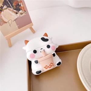 GazeKu Soft 3D Drinking Bubble Tea Cow Air Pods Case Cover with Clasp Compatible with Air Pods 1 2 3 Pro( For AirPods 1 / 2)