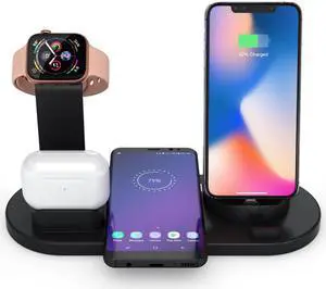 QI wireless charger, suitable for Qi fast wireless charging station of AirPods/Apple Watch series/iPhone 12/11/11 pro/11 Pro Max/XS/XS Max/XR/8/8 Plus/SE, 4 in 1 Charging Dock Wireless charging stand