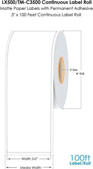 DuraFast LX500/TM-C3500 3"x100Ft Continuous Matte Paper Label Roll, LX500 Labels, TM-C3500 Labels, CW-C4000 Inkjet Labels with Permanent Adhesive