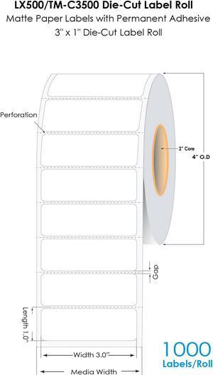 DuraFast LX500/TM-C3500 3"x1" Die Cut Matte Paper Label 1000/Roll, LX500 Labels, TM-C3500 Labels, CW-C4000 Inkjet Labels with Permanent Adhesive