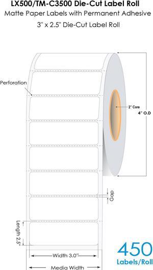 DuraFast LX500/TM-C3500 3"x2.5" Die Cut Matte Paper Label 450/Roll, LX500 Labels, TM-C3500 Labels, CW-C4000 Inkjet Labels with Permanent Adhesive