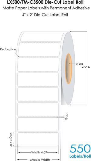 DuraFast LX500/TM-C3500 4"x2" Die Cut Matte Paper Label 550/Roll, LX500 Labels, TM-C3500 Labels, CW-C4000 Inkjet Labels with Permanent Adhesive