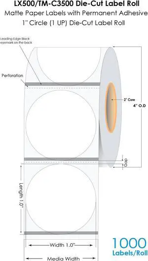 DuraFast LX500/TM-C3500 1" Circle Die Cut Matte Paper Label 1000/Roll, LX500 Labels, TM-C3500 Labels, CW-C4000 Inkjet Labels with Permanent Adhesive