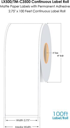 DuraFast LX500/TM-C3500 2.75"x100Ft Continuous Matte Paper Label Roll, LX500 Labels, TM-C3500 Labels, CW-C4000 Inkjet Labels with Permanent Adhesive