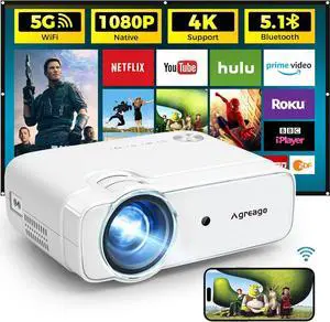 Projector with WiFi and Bluetooth, 5G WiFi 4K Supported Native 1080P 12000L, AGREAGO Portable Outdoor Projector with Screen, Home Theater Projector Compatible with TV Stick/iOS/Android/Win/HDMI/USB