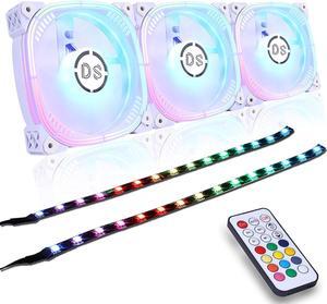 DS 120MM White PC Case Fans, RGB LED Fan with Controller for Computer Case, CPU Cooling, Radiators System(3Pack RGB Fans and 2Pack LED Strip with Magnet Design Kit, G Series)