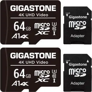 Gigastone 64GB 2-Pack Micro SD Card, 4K UHD Video, Surveillance Security Cam Action Camera Drone Professional, 90MB/s Micro SDXC UHS-I U3 Class 10