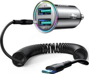 Car ChargerJOYROOM 4.8A Car Phone Charger All Metal, Mini Cigarette Lighter USB Charger with Type C Coiled Cable for iPhone 15 Pro, Dual USB Car Charger Adapter Fast Charge for iPhone/Samsung/Android