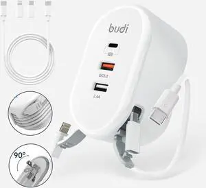 Budi 38W 3-Port USB Wall Charger, Multifunctional Built-in 3 Fit Cable USB Cable Fast Charger with Type-C/Micro-USB Port for iPhone/Tablet/Samsung Galaxy/Pixel/Sony/LG(38W 3-Port)