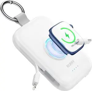 Portable Charger 5000mAh Portable Charger Power Bank with Built-in Cables Travel Keychain Battery Pack for  Watch Ultra 2/9/8/Ultra/7/6/SE/5 iPhone 16/15/14/13/12 White