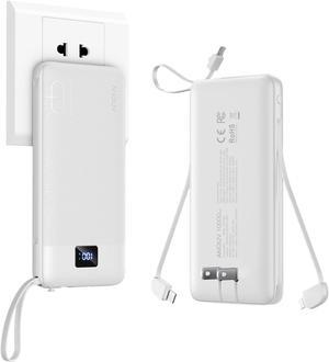 Portable Charger with Built-in Cables&AC Wall Plug,10000mAh Power Bank,PD 22.5W USB-C Fast Charging External Battery Pack with LED Display Compatible with iPhones and All Smart Device1 Pack