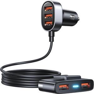 5-in-1 Car USB Charger Multi Port, 12V Car Phone Charger Adapter for Multiple Devices, Car Cigarette Lighter USB Charger with 5FT Extension Cable for Back Seat Charging
