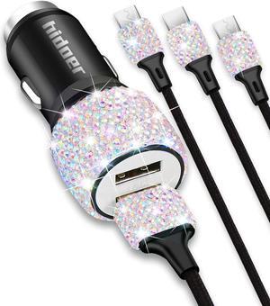 Bling USB Car Charger 5V/2.4A Multicolor Crystal Decoration Dual Port Fast Adapter with 4ft Nylon Type C 3-in-1 Multi Charging Cable for iPhone iPad Android, Car Interior Accessories for Women