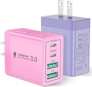 USB C Charger Block, [2 Pack] Aioneus 40W 4-Port QC+PD 3.0 Power Adapter, Fast Charging Block Type C Multiport Plug USB C Wall Charger for iPhone 15 14 Plus Pro Max 13 12, iPad, Samsung(Pink & Purple)