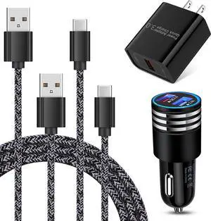 Type C Charger Fast Charger for Samsung Galaxy S25 S24 S23 S22 S21 A15 A54 A14 A53 A13,LG Stylo 6 5,Quick Charge 3.0 Car Charger Wall Adapter +3FT 6FT USB C Cable