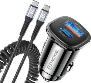 Syncwire USB C Car Charger 60W [PD 30W & QC 30W] Fast Charging USB Adapter with 5FT Type C Cable Compatible with Samsung S23/S22 Google Pixel 7/7Pro iPhone 14 Pro Max and More