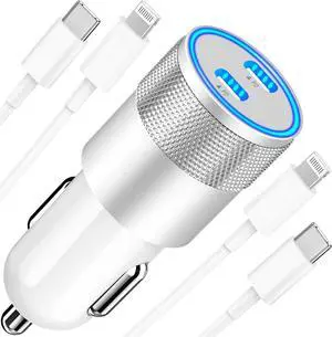 MFi CertifiediPhone Car Charger Fast Charging, Braveridge 60W PD Dual USB-C Power Cigarette Lighter Car Charger+2Pack Type-C to Lightning Cable for iPhone 14 13 12 11 XS Max Mini XR SE iPad