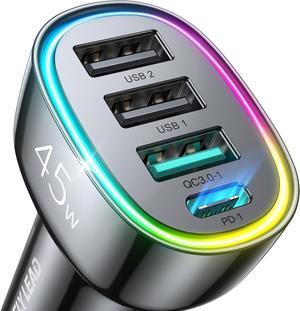 USB C Car Charger 45W 4 Ports Super Fast Car Charger Adapter PD3.0 & QC3.0 30W Type C Car Charger Compatible with iPhone 15/14/13/12/11  Galaxy S24 Ultra/S23 Cigarette Lighter USB Charger