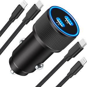 MFi CertifiediPhone Fast Car Charger, Linocell 60W Dual PD Power Cigarette Lighter USB-C Car Charger Fast Charging+2Pack Type-C to Lightning Braided Cable for iPhone 14 13 12 11 Pro XS Max Mini iPad