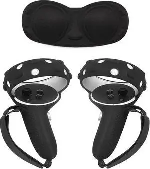 VR Controller Grips Cover with Anti-Throw Knuckle Strap + Lens Protector Cover for Quest 2 (Black)