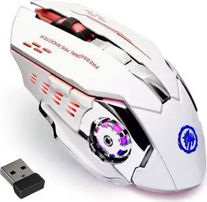 Wireless Gaming Mouse Bluetooth Mouse RGB Rechargeable 2.4G USB Cordless Computer Mice with 7 Color Backlit, 6 Buttons & Silent Click for Laptop, iPad, Mac OS, PC, Windows -White