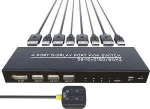 KVM Switch 4 Computers - KVM Switch Displayport, One Monitor Switch to Share Mouse, Keyboard, Printer, USB 2.0 Device and Ultra HD Monitor, Support 4K@60Hz, 4 DP and 4 USB Cable Included