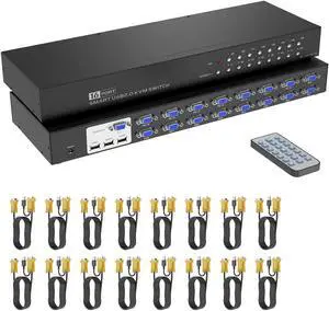 16 Port KVM Switch,Yinker Rack KVM Console VGA 16x1 w/16-Pack Cables IR Remote & Ears Support HD 1080P 1U Rack Cabinet