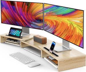 AMERIERGO Dual Monitor Stand Riser- 3 Shelf Screen Stand with Adjustable Length and Angle, 2 Extra Functional Slot Desktop Organizer Stand for PC, Computer, Laptop (Light Wood)