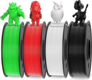 PLA Filament 1.75mm Bundle for 3D Printer, 4 Rolls of 250g White Black Green Red 3D Printer Filament, Dimensional Accuracy ±0.02mm, Clog-Free, Smoothly Feeding, Tangle-Free