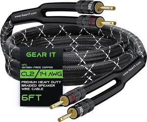 GearIT 14AWG Premium Heavy Duty Braided Speaker Wire Cable (6 Feet) Dual Gold Plated Banana Plug Tips - in-Wall CL2 - Oxygen-Free Copper (OFC) Black