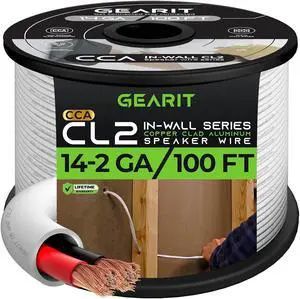 GearIT 14/2 Speaker Wire (100 Feet) 14 Gauge (Copper Clad Aluminum) - Fire Safety in Wall Rated Audio Speaker Wire Cable / CL2 Rated / 2 Conductors - CCA, 100ft