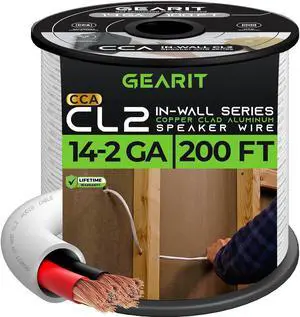 GearIT 14/2 Speaker Wire (200 Feet) 14 Gauge (Copper Clad Aluminum) - Fire Safety in Wall Rated Audio Speaker Wire Cable / CL2 Rated / 2 Conductors - CCA, 200ft