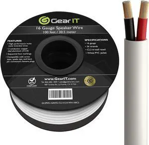 GearIT 16/2 Speaker Wire (100 Feet) 16 Gauge (Copper Clad Aluminum) - Fire Safety in Wall Rated Audio Speaker Wire Cable / CL2 Rated / 2 Conductors - CCA, 100ft