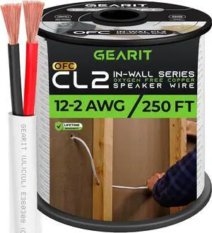 GearIT 12/2 Speaker Wire (250 Feet) 12AWG Gauge - in Wall Audio Speaker Wire Cable / CL2 Rated / 2 Conductors - OFC Oxygen-Free Copper, White 250ft