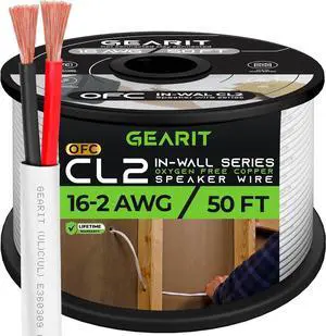 GearIT 16/2 Speaker Wire (50 Feet) 16AWG Gauge - in Wall Audio Speaker Wire Cable / CL2 Rated / 2 Conductors - OFC Oxygen-Free Copper, White 50ft